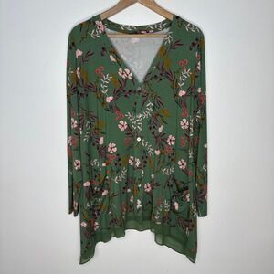 LOGO by Lori Goldstein Green Floral Button Front Cardigan Size L Stretch Pockets